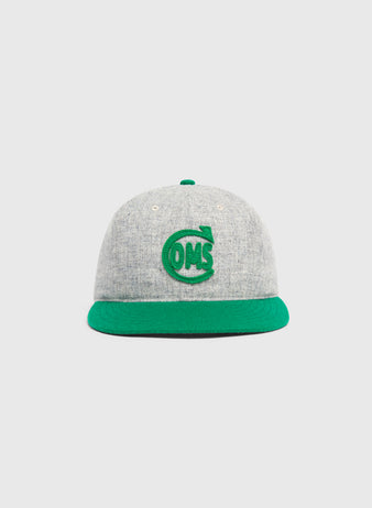 Mystery Caps of Mexico – Comunicaciones 1931 Wool Ballcap in grey wool with a green brim and a green OMS embroidered logo on the front.