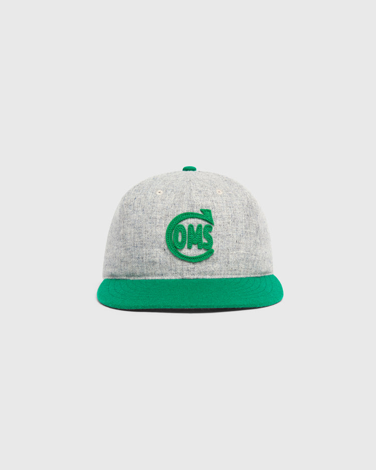 Mystery Caps of Mexico – Comunicaciones 1931 Wool Ballcap in grey wool with a green brim and a green OMS embroidered logo on the front.