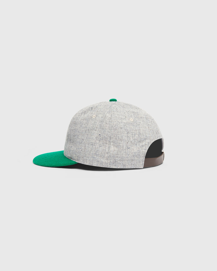 Ebbets Field Mystery Caps of Mexico – Comunicaciones 1931 Wool Ballcap in grey wool with a green brim, button top, and adjustable brown leather back strap.