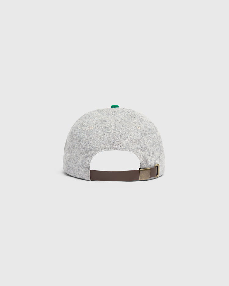 Back view of the Ebbets Field Mystery Caps of Mexico – Comunicaciones 1931 Wool Ballcap in grey speckled wool with a green button top and a brown leather adjustable strap with a brass buckle.
