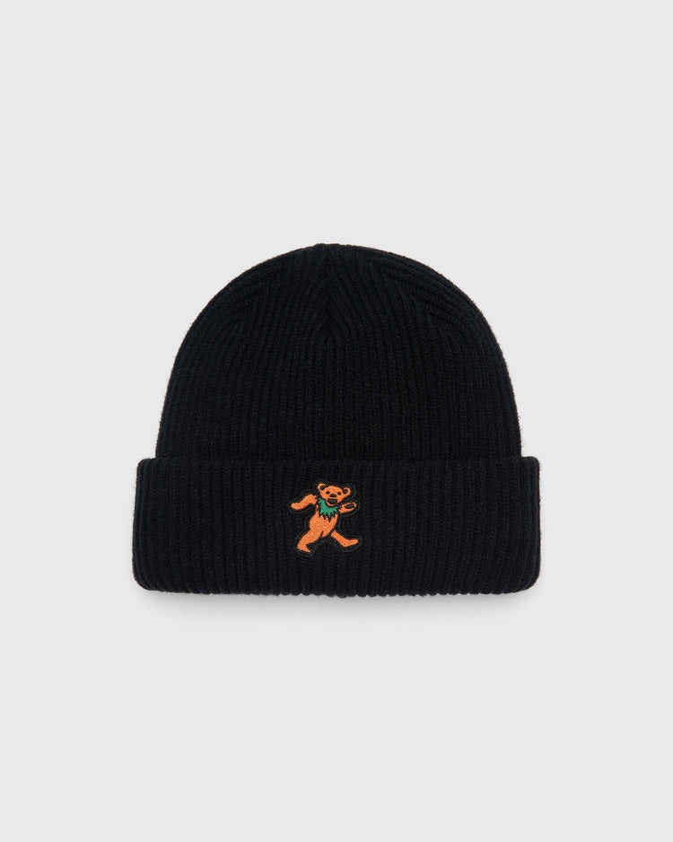 Black ribbed knit Grateful Dead Dancing Bear Felt Patch Ribbed Beanie featuring a felt patch of a dancing orange bear.