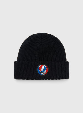 Black ribbed cuffed Ebbets Field Grateful Dead Stealie Felt Patch Ribbed Beanie with a circular Grateful Dead Steal Your Face patch on the front.