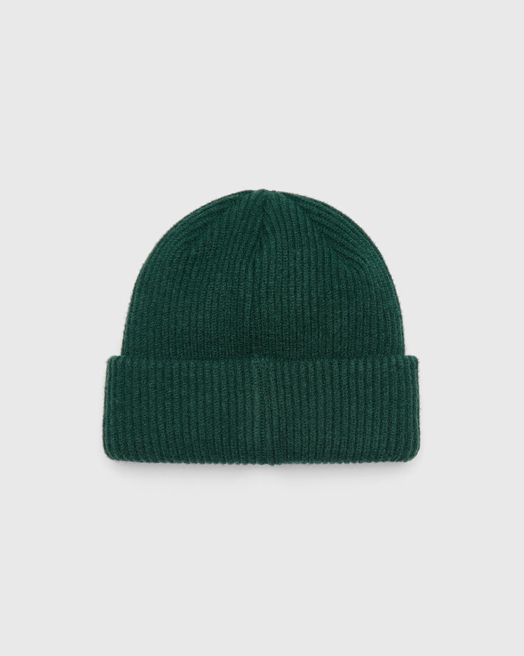 Dark green Guinness Flying Toucan Felt Patch Ribbed Beanie with a folded cuff.