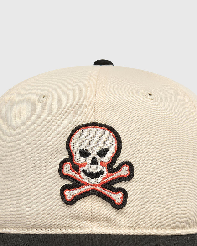 Off-white Ebbets Field Sioux City Ghosts Cotton Twill Ballcap featuring an embroidered black, white, and red skull and crossbones patch on the front.