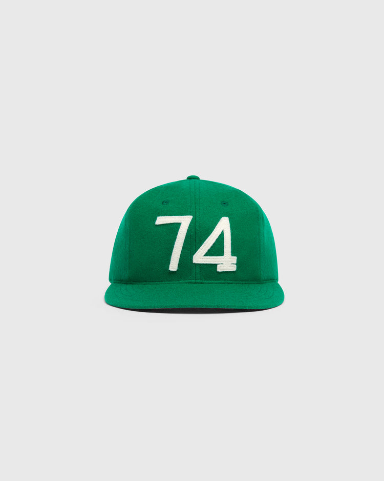 Mystery Caps of Mexico – 74 Regimento de Puebla 1925 Wool Ballcap by Ebbets Field, a green wool baseball cap featuring the white felt number 74.
