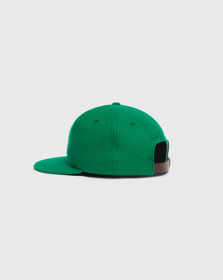 Ebbets Field Mystery Caps of Mexico – 74 Regimento de Puebla 1925 Wool Ballcap in green wool, featuring a flat brim and a brown leather back strap.