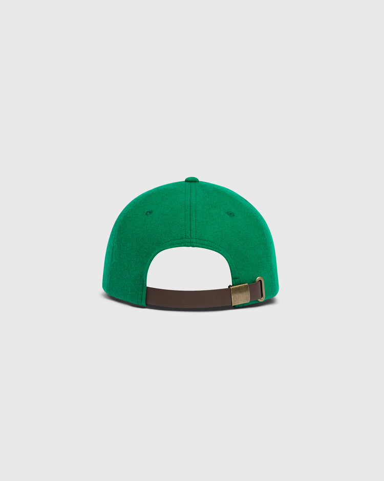 Back view of the Mystery Caps of Mexico – 74 Regimento de Puebla 1925 Wool Ballcap in green wool, featuring a brown leather strap and a brass buckle adjustment.