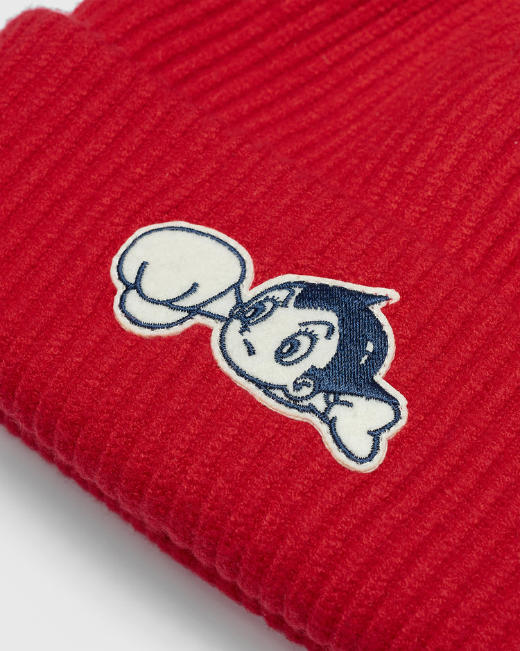 Red ribbed Sankei Atoms Felt Patch Ribbed Beanie featuring an embroidered Astro Boy patch inspired by Tokyo baseball history.
