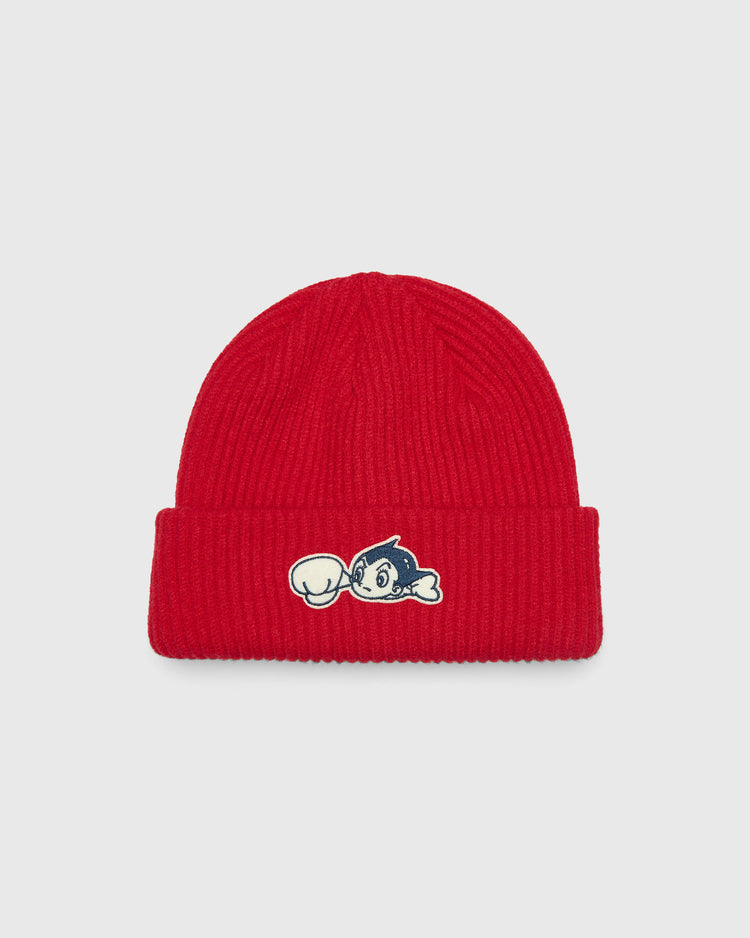 Red ribbed knit Sankei Atoms Felt Patch Ribbed Beanie featuring an embroidered Astro Boy patch.