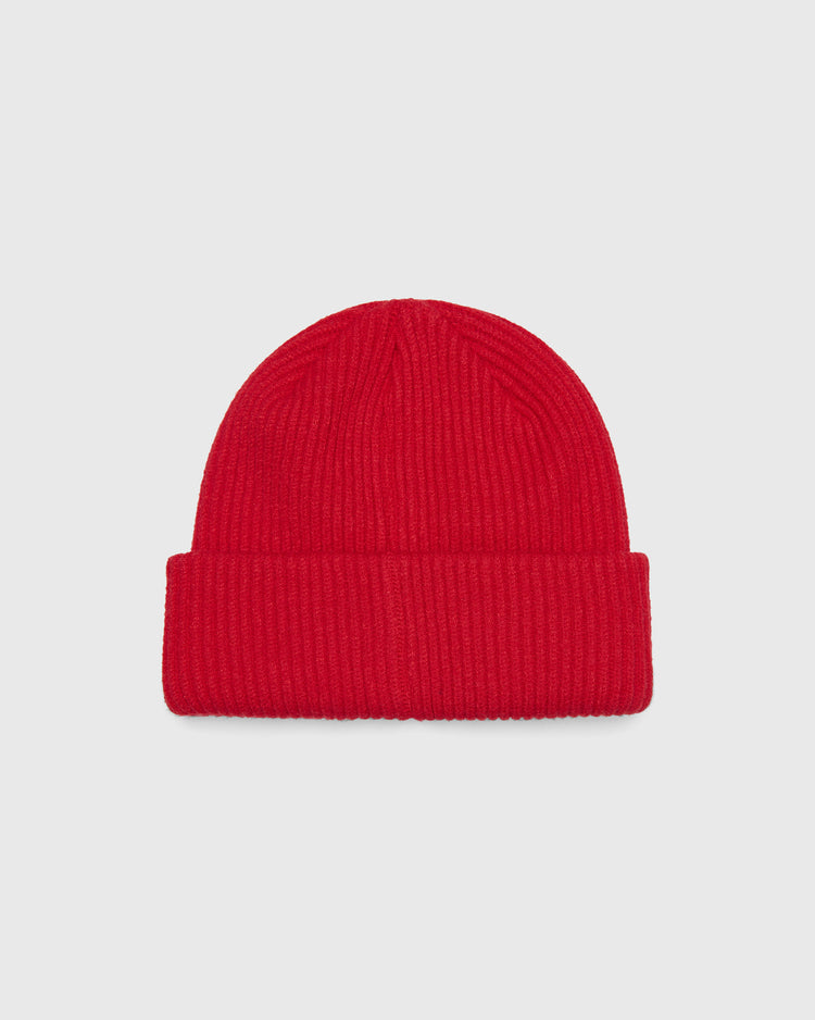 Red Sankei Atoms Felt Patch Ribbed Beanie with a folded cuff.