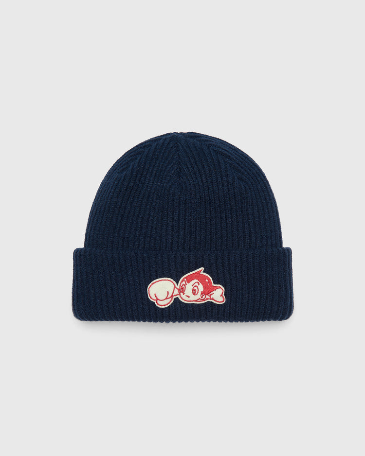 Navy blue ribbed Sankei Atoms Felt Patch Ribbed Beanie featuring a felt Astro Boy patch on the cuff, inspired by Tokyo baseball history.