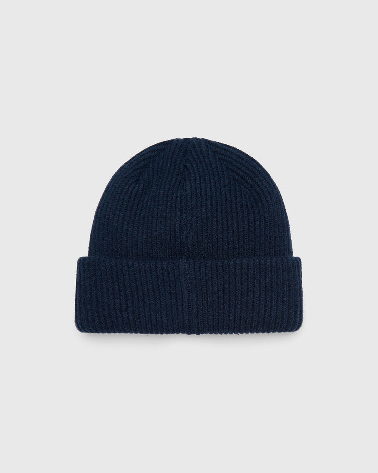Navy blue ribbed knit Sankei Atoms Felt Patch Ribbed Beanie with a folded cuff inspired by Sankei Atoms baseball history.