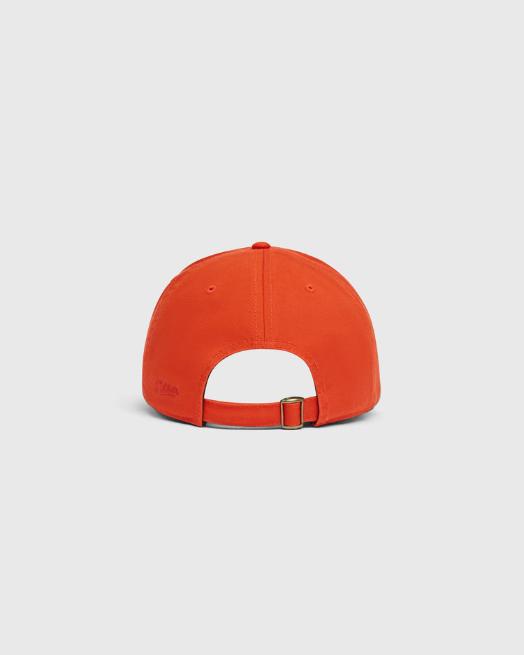 Back view of an orange Ebbets Field Sioux City Ghosts Washed Cotton Ballcap, featuring an adjustable strap with a metal buckle.