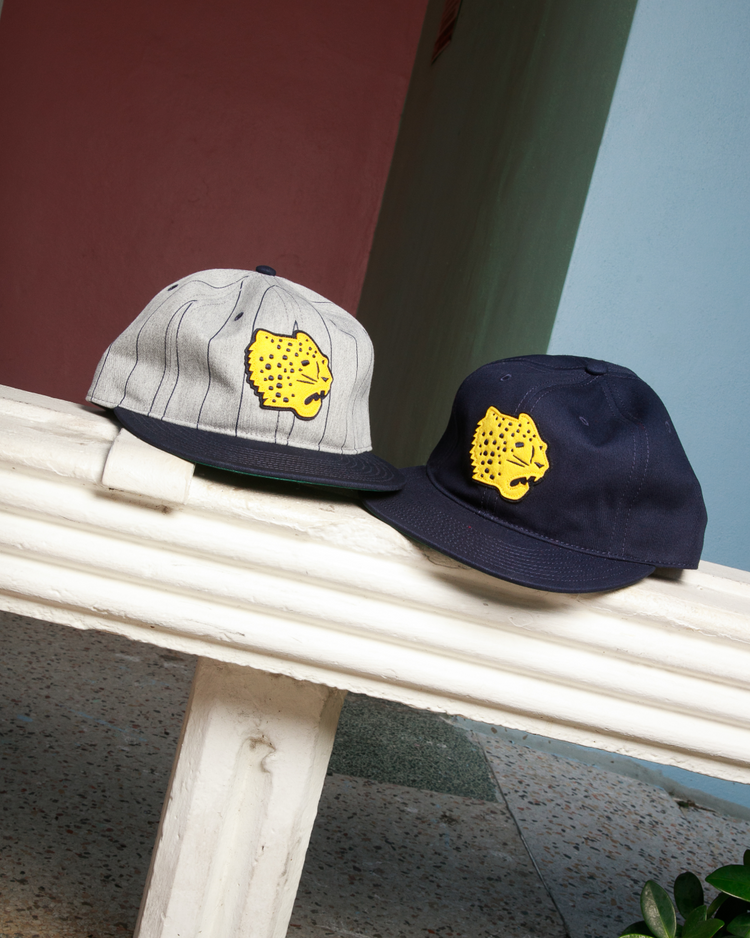 Two Ebbets Field Santa Clara Leopardos 1925 cotton twill ballcaps—a gray pinstriped and a navy blue—rest on a white bench, each with a yellow cartoon fish patch. A pink and blue wall adds color to the scene.