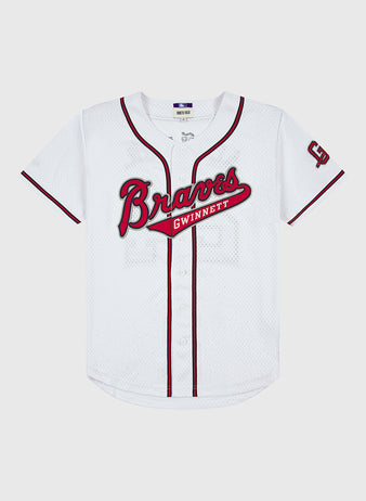 The Ebbets Field Ronald Acuña Jr. Gwinnett Braves Mesh Button-Up Jersey is a white vintage style with red and black trim, Braves in red script, Gwinnett on a red banner, and a logo patch on the left sleeve.