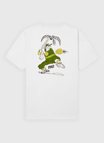 The Ebbets Field Hawaii Islanders (PCL) Graphic Short Sleeve Tee features a cartoon duck in green with ISLANDERS 1961 text, palm tree, and yellow sun/ball on a white shirt.