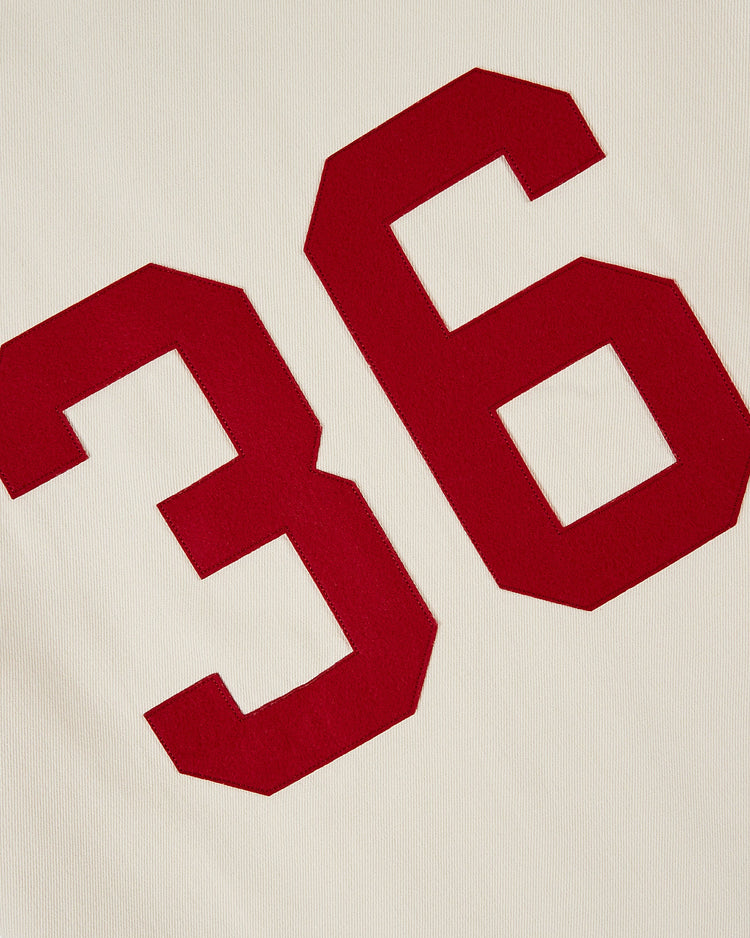 Close-up of large red number 36 printed on the white HARVARD COTTON TWILL JERSEY Natural by Ebbets Field.