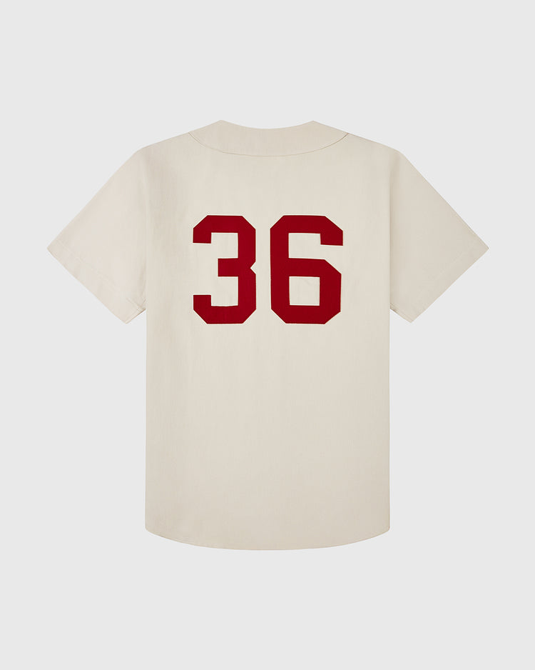 The Ebbets Field HARVARD COTTON TWILL JERSEY Natural is a cream-colored short-sleeve shirt featuring a bold red number 36 on the back, shown against a plain white background.