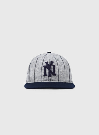 The NEW Bronx Giants 1922 Vintage Ballcap by Ebbets Field features gray fabric with dark pinstripes, a navy blue brim, and a navy embroidered logo, shown against a plain light background.