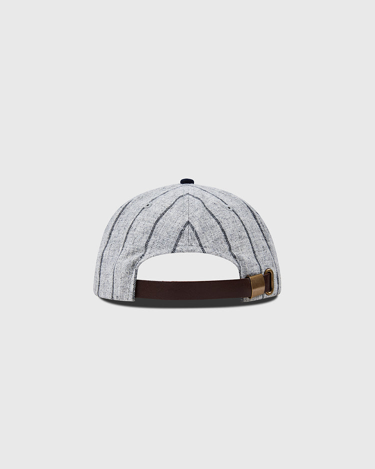 The Ebbets Field NEW - Bronx Giants 1922 Vintage Ballcap is a light gray cap with dark vertical pinstripes, shown from the back. It features a dark brown open adjustable strap with a metal clasp.