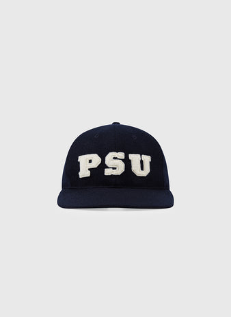 The Ebbets Field Penn State University Authentic Wool Ballcap is a navy blue cap with large white PSU letters on the front, displayed against a plain light gray background.