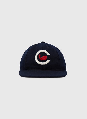 The Ebbets Field NEW - Chicago Whales 1915 Vintage 8-Panel Ballcap features a navy blue design with a white C and red whale logo, shown against a plain light grey background.