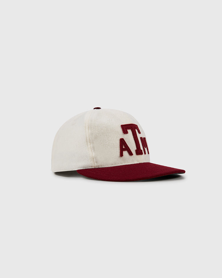 The EFF Texas A&M Aggies Collegiate Wool Ballcap features a cream vintage design, maroon brim, and large maroon ATM logo embroidered on the front, shown on a light gray background.