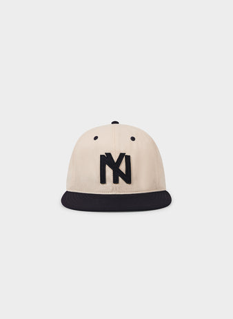 The Ebbets Field Brooklyn Eagles 1935 Cotton Twill Ballcap features a beige crown, black brim, and bold black NY logo embroidered on the front, shown against a plain white background.