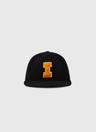 The EFF University of Iowa 1968 Vintage Ballcap is a black wool flat-brim hat with a large yellow I outlined in white on the front, inspired by classic Hawkeyes style and shown against a plain light gray background.