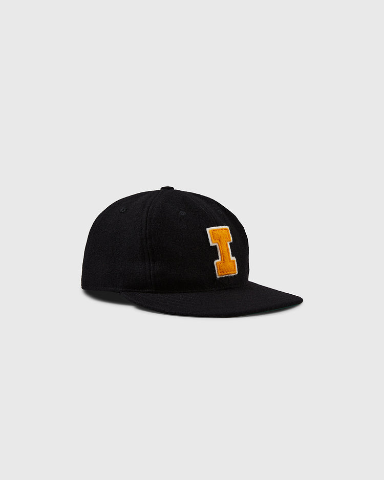 The EFF University of Iowa 1968 Vintage Ballcap is a black hat with a bold yellow “I” on the front, shown against a plain light gray background.