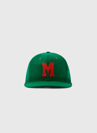 The EFF University of Miami 1947 Vintage Ballcap is a green wool cap featuring a bold red M on the front, shown against a plain light gray background.