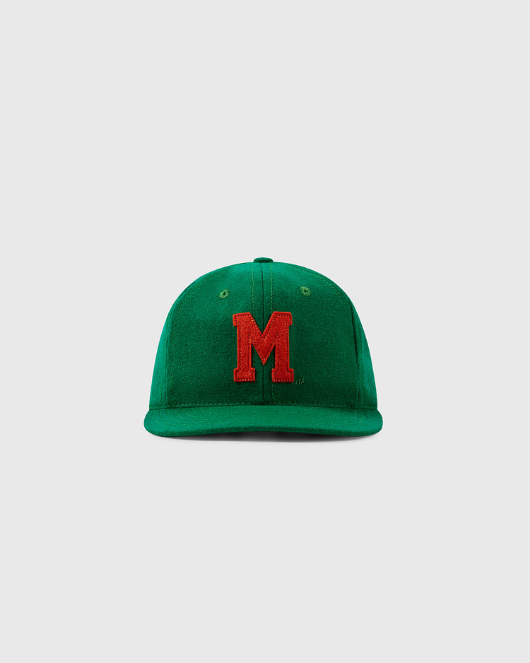 The EFF University of Miami 1947 Vintage Ballcap is a green wool cap featuring a bold red M on the front, shown against a plain light gray background.