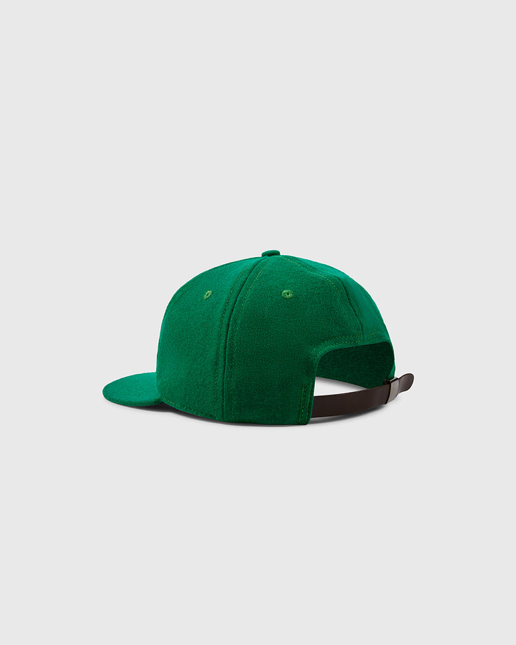 The University of Miami 1947 Vintage Ballcap by EFF is shown from the back in green textured fabric, featuring an adjustable brown strap and a curved brim, set against a plain light gray background.