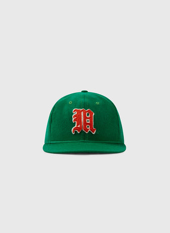 The EFF University of Miami 1961 Vintage Ballcap is green with a red and white embroidered M on the front, shown against a plain light gray background.
