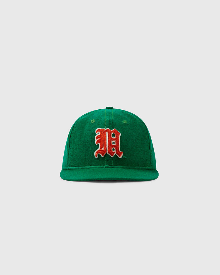The EFF University of Miami 1961 Vintage Ballcap is green with a red and white embroidered M on the front, shown against a plain light gray background.