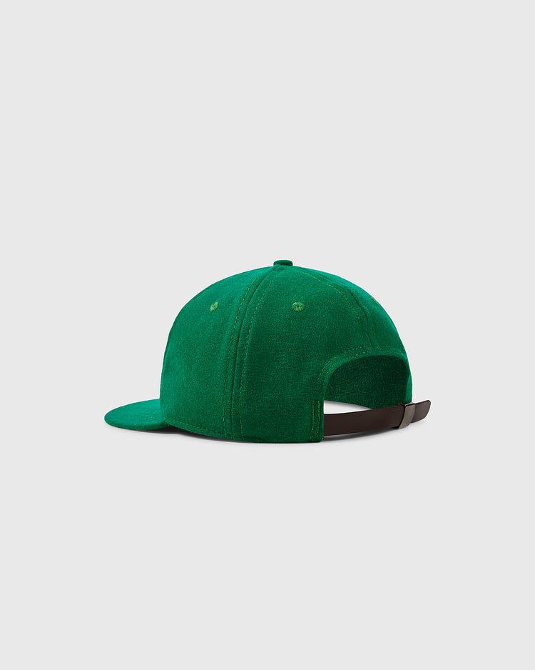 The EFF University of Miami 1961 Vintage Ballcap is a green suede hat with a brown leather adjustable strap and a slightly curved brim, seen from the back against a light gray background.