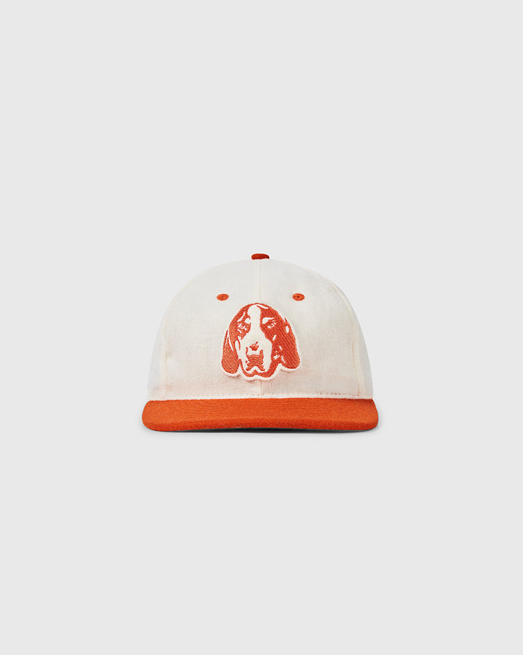 The University of Tennessee Mascot Vintage Ballcap by Ebbets Field Flannels features a white crown, orange brim, and an embroidered dog face—ideal for fans after that classic UT style. Photographed on a plain, light background.