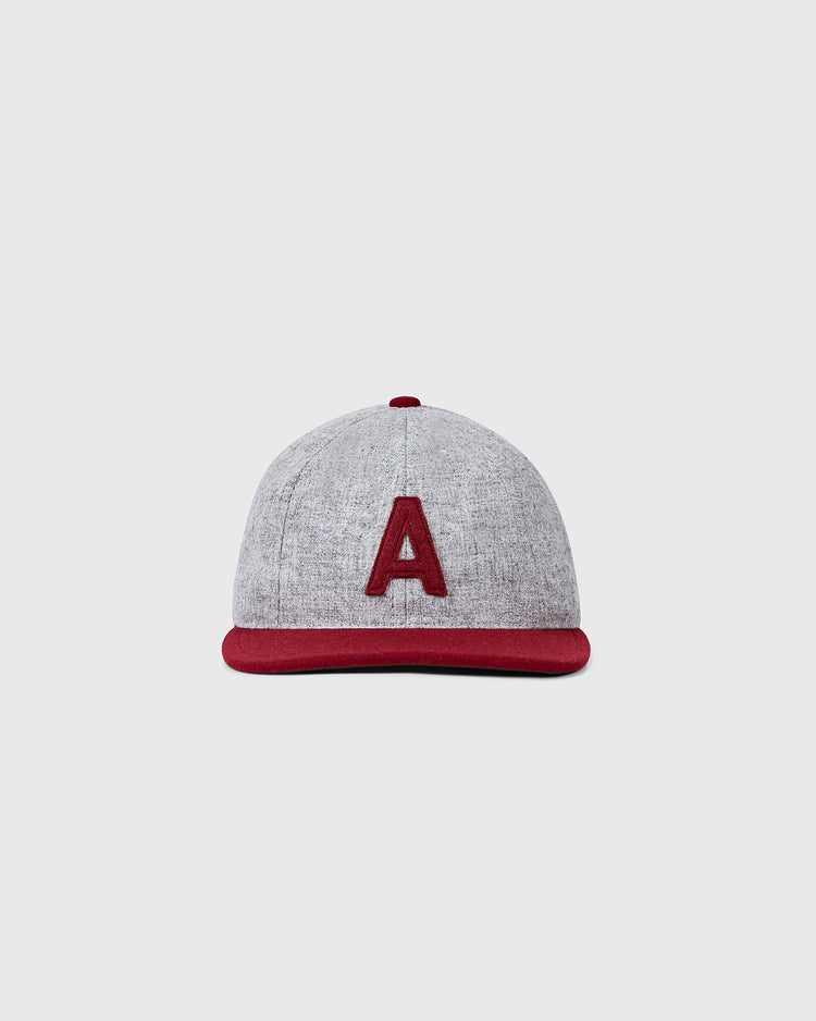 The EFF University of Alabama 1930 Vintage 8-Panel Ballcap features gray wool, a maroon brim, and a bold maroon A on the front—ideal for collectors. Shown against a simple light background.