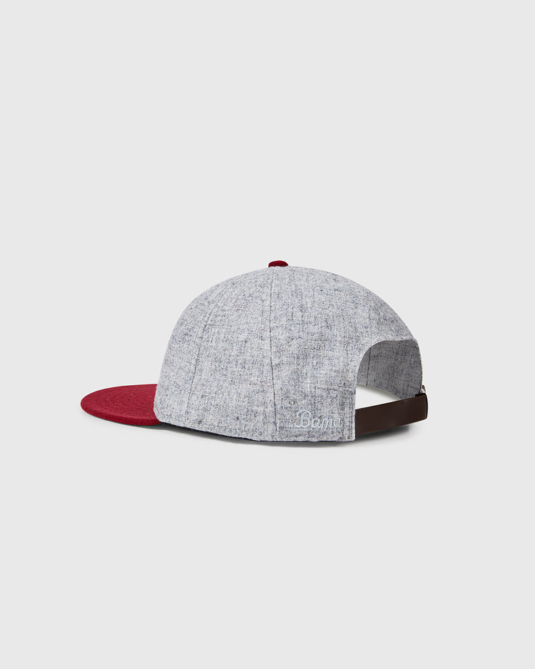The EFF University of Alabama 1930 Vintage 8-Panel Ballcap features light gray wool, a maroon brim, brown adjustable strap, and partial back opening, shown against a plain white background.