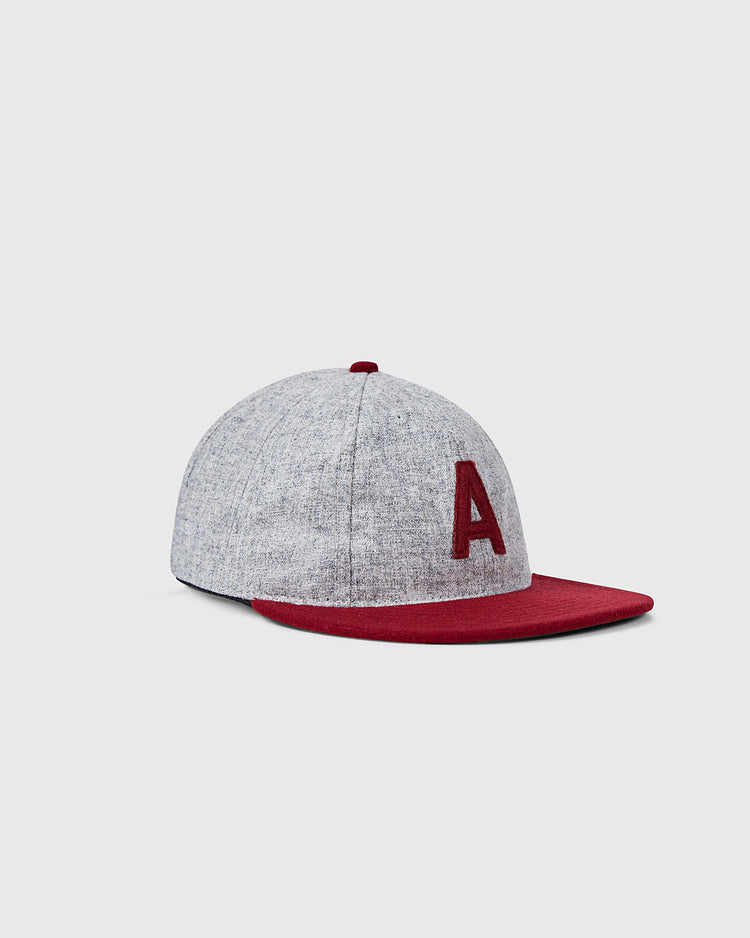 The EFF University of Alabama 1930 Vintage 8-Panel Ballcap features a gray body, red brim, and a bold red A embroidered on the front, shown against a plain light background.