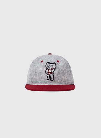 The EFF University of Alabama Mascot Vintage Ballcap is a gray wool cap with a maroon brim and button, featuring an embroidered cartoon mascot holding an H on the front for a playful, retro college look.