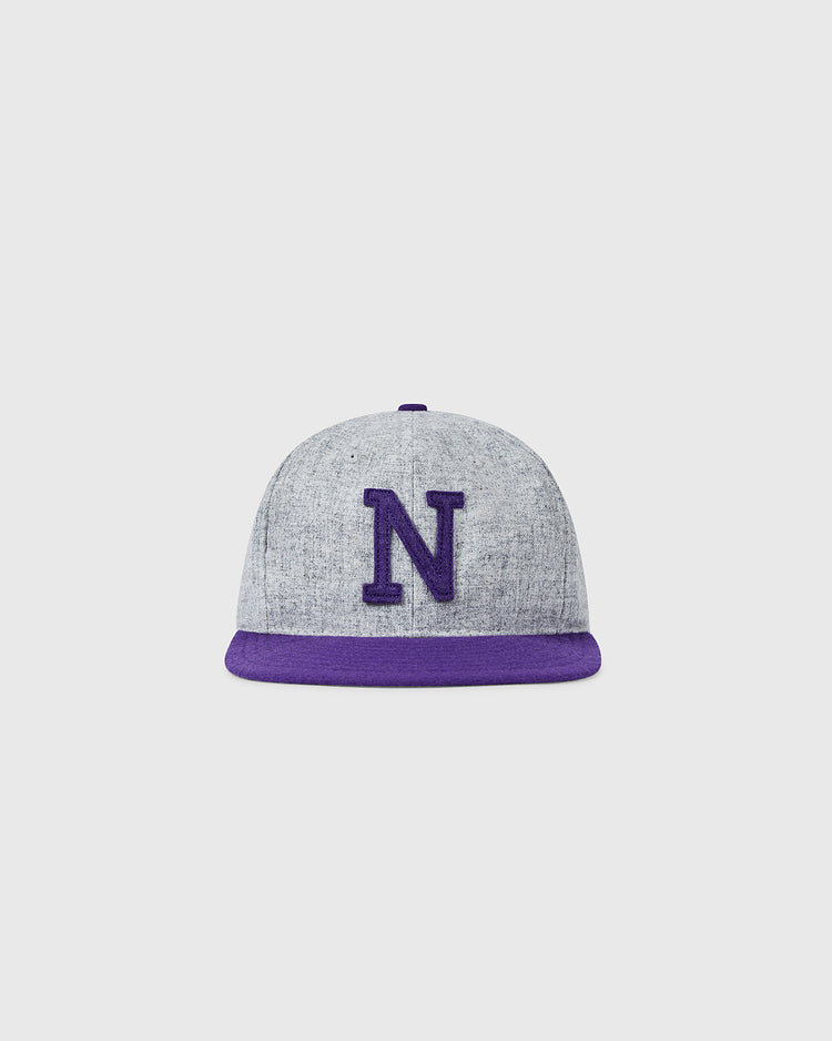The EFF Northwestern University 1917 Vintage Ballcap features a gray crown, purple brim, and a large embroidered purple N on the front, officially licensed from the College Vault and shown against a white background.