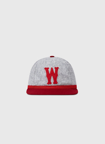 The EFF University of Wisconsin 1931 Vintage 8-Panel Ballcap features gray wool, a red brim, and a bold red “W” on the front, shown against a plain light background.