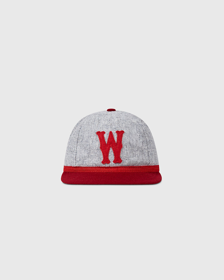 The EFF University of Wisconsin 1931 Vintage 8-Panel Ballcap features gray wool, a red brim, and a bold red “W” on the front, shown against a plain light background.