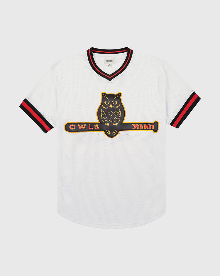 The Ebbets Field Topeka Owls V-Neck Mesh Jersey features white mesh with red and black trim, plus a bold owl-on-bat “OWLS” logo—perfect for fans of the classic minor league team.