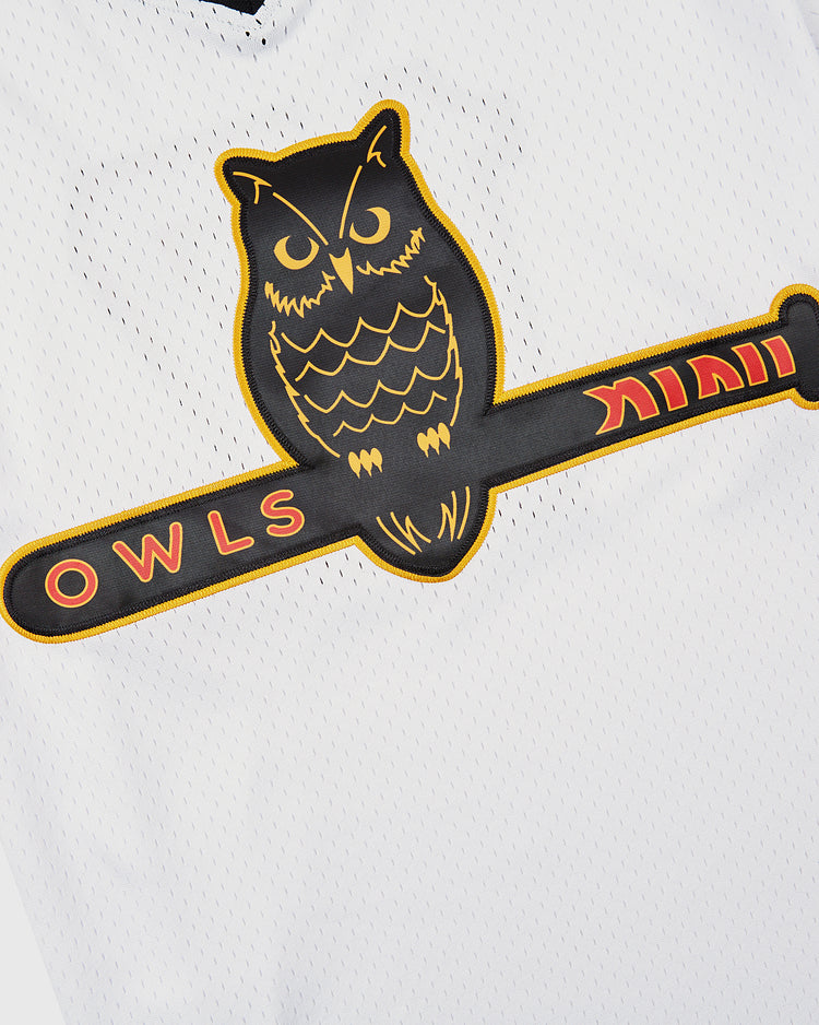 The Ebbets Field Topeka Owls V-Neck Mesh Jersey features a stylized owl outlined in yellow and black on a baseball bat with 