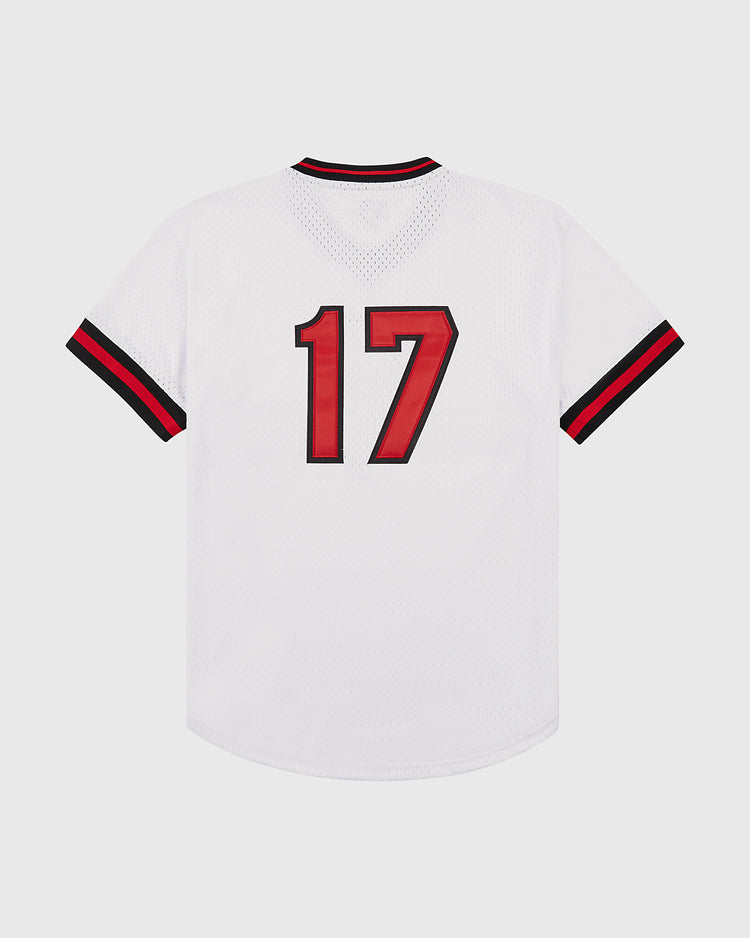 The Ebbets Field Topeka Owls V-Neck Mesh Jersey is a white short-sleeve throwback with black and red trim, plus a bold red and black number 17 on the back—perfect for any minor league or Topeka Owls fan.