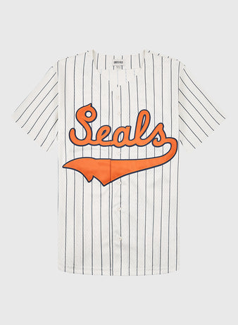 The Ebbets Field San Francisco Seals 1940 Mesh Button-Up Jersey features white mesh, black pinstripes, orange “Seals” script on the front, and orange trim—honoring the legendary Seals and historic Seals Stadium.