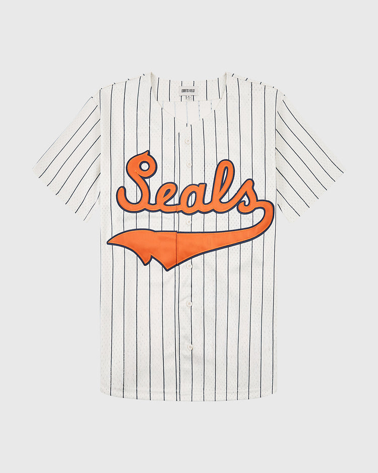 The Ebbets Field San Francisco Seals 1940 Mesh Button-Up Jersey features white mesh, black pinstripes, orange “Seals” script on the front, and orange trim—honoring the legendary Seals and historic Seals Stadium.