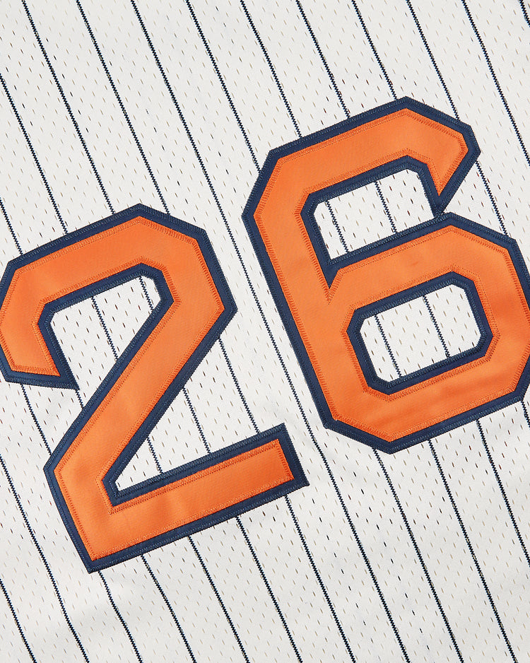 Ebbets Field San Francisco Seals 1940 Mesh Button-Up Jersey: a white pinstriped baseball jersey featuring a bold orange number 26 outlined in navy, inspired by Lefty O’Doul’s legendary Seals.
